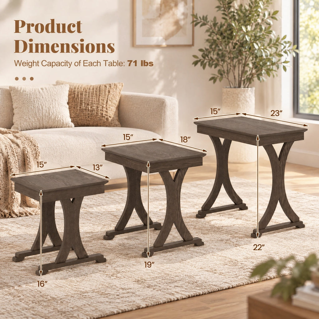 Airfind 3 Pieces Nesting Coffee Table Side Table with Solid Rubber Wood Legs, 71 lbs Capacity, Rubber Wood MDF Frame, 23 x 15 x 22 Footprint
