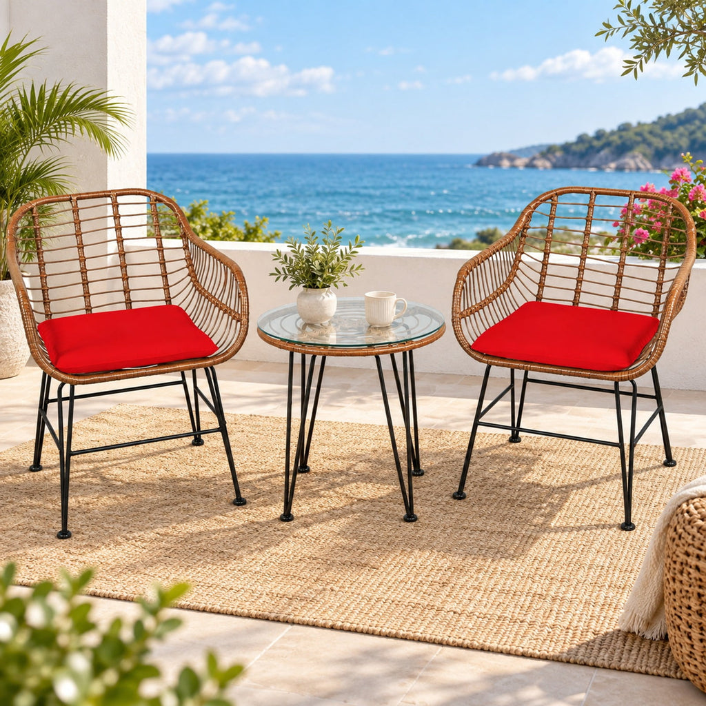 Airfind 3 Pieces Patio Rattan Bistro Set with Cushion, 170 lbs Capacity, Steel Rattan Sponge Polyester Frame, 22.5 Inch x 24 Inch x 31.5 Inch Footprint, Red