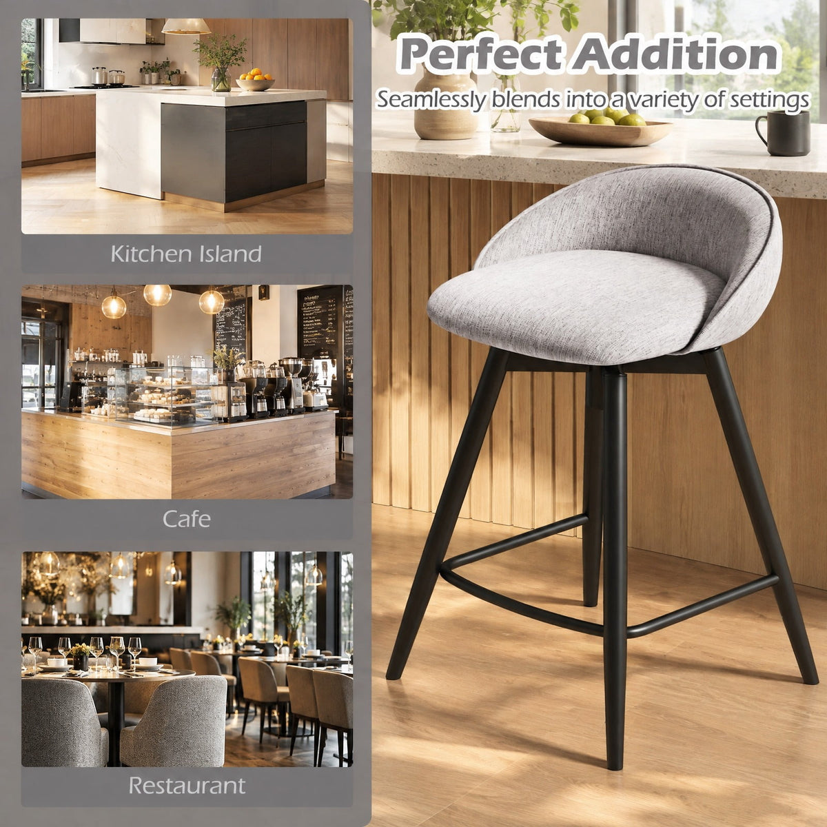Airfind Upholstered Bar Stools Set of 2 with Footrest and Backrest, 330 lbs Capacity, Metal Linen Fabric Sponge Frame, Gray