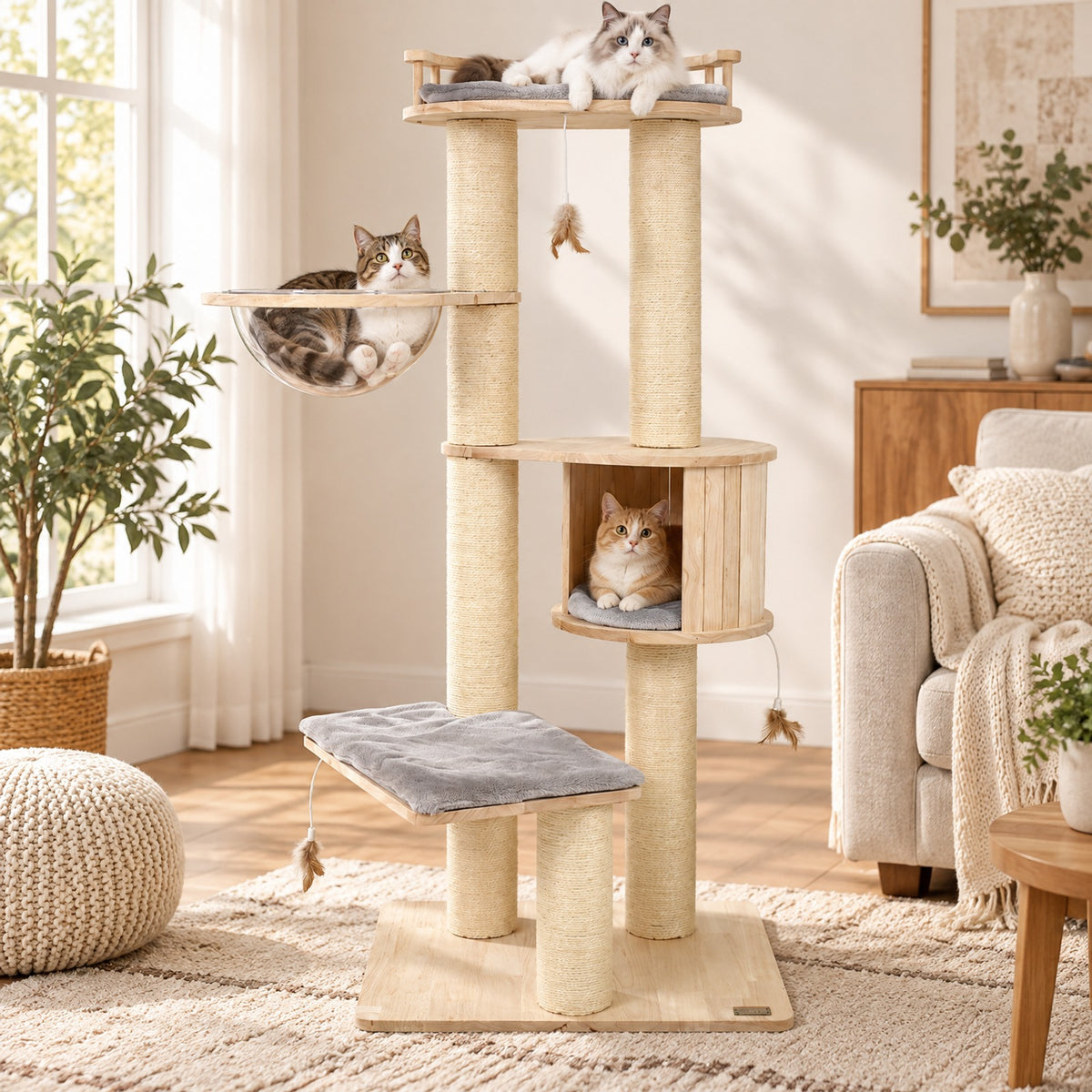 Airfind Cat Tree for Indoor Kittens with Top Perch Condo Space and 3 Hanging Feather Toys, 4 Inch Sisal Scratching Posts for Cats to Claw, Beige
