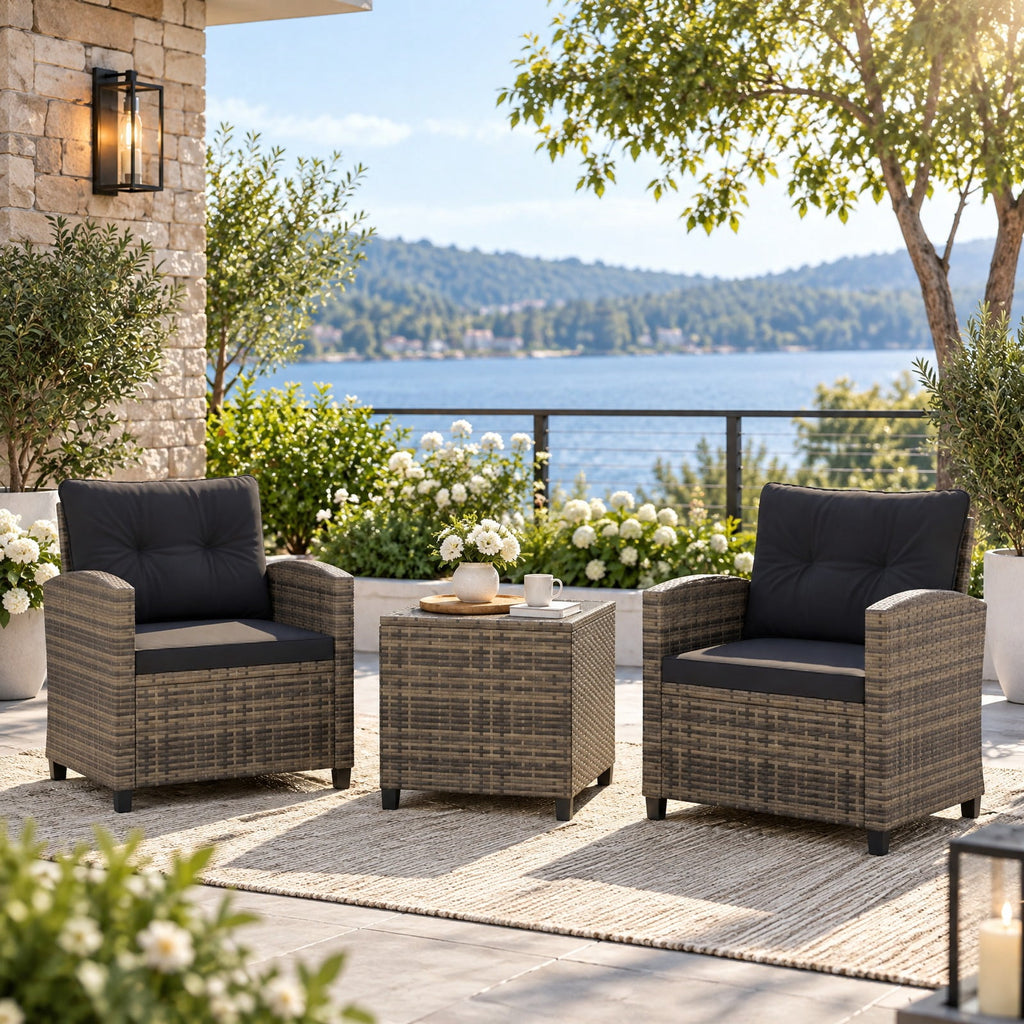 Airfind 3 Pieces Patio Furniture Set with Tempered Glass Coffee Table-Black Brown, 400 lbs Capacity, 25.5 x 26 x 30 Footprint, Coffee