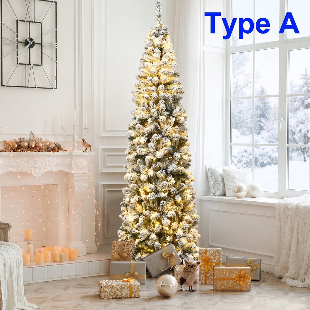 AIRFIND 7.5 ft Pre-Lit Pencil Christmas Tree with 350 Warm White LED Lights, 641 Flocked Branch Tips, Hinged Sections and Folding Metal Stand