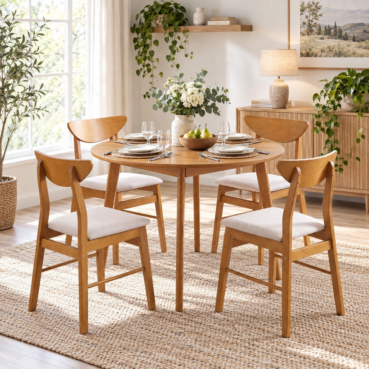 Airfind Set of 4 Upholstered Dining Chairs with Curved Backrest and Rubber Wood Frame, 330 lbs Capacity, Rubber Wood Foam MDF Frame, Natural
