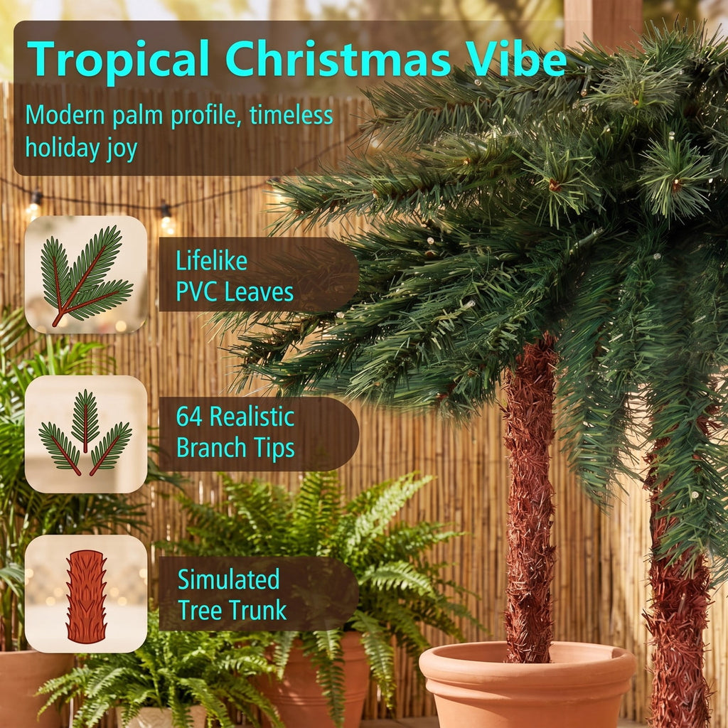 Airfind 6 Feet Pre-Lit Artificial Tropical Christmas Palm Tree with 210 Multi, PVC Metal Frame, 3.2ft x 6ft Footprint, Green