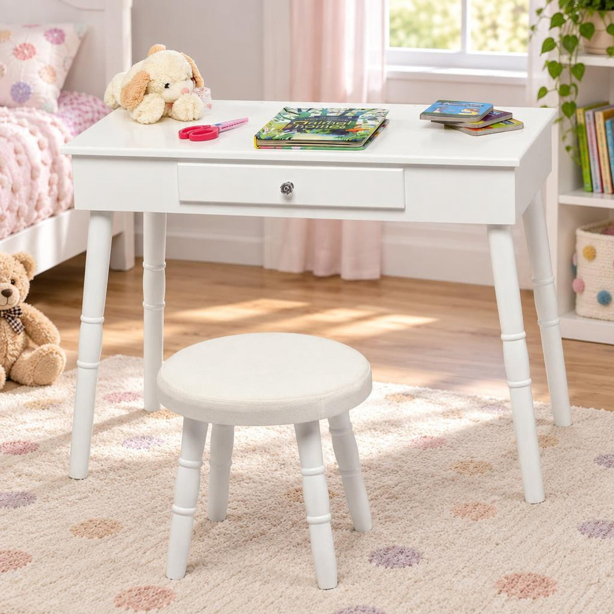 Airfind Kids Vanity Makeup Table and Chair Set Make Up Stool, 33 lbs Capacity, MDF pine wood Frame, 27.5 Inch x 13.5 Inch x 40 Inch Footprint, White