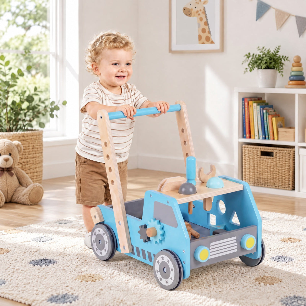 Airfind 2-in-1 Wooden Baby Walker with Adjustable Speed and Bottom Storage, MDF Frame, for 3+ Years Old, 16in x 12.5in x 16.5in Footprint, Blue