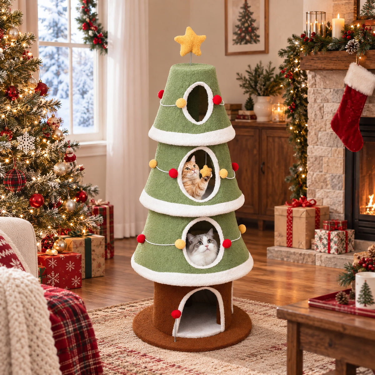 Airfind Large Christmas Cat Tree for Indoor Cats 61 Inch Cute Cat Tower with 4 Condos, 11 lbs Capacity, Engineered Wood Plush Fabric Frame, Green