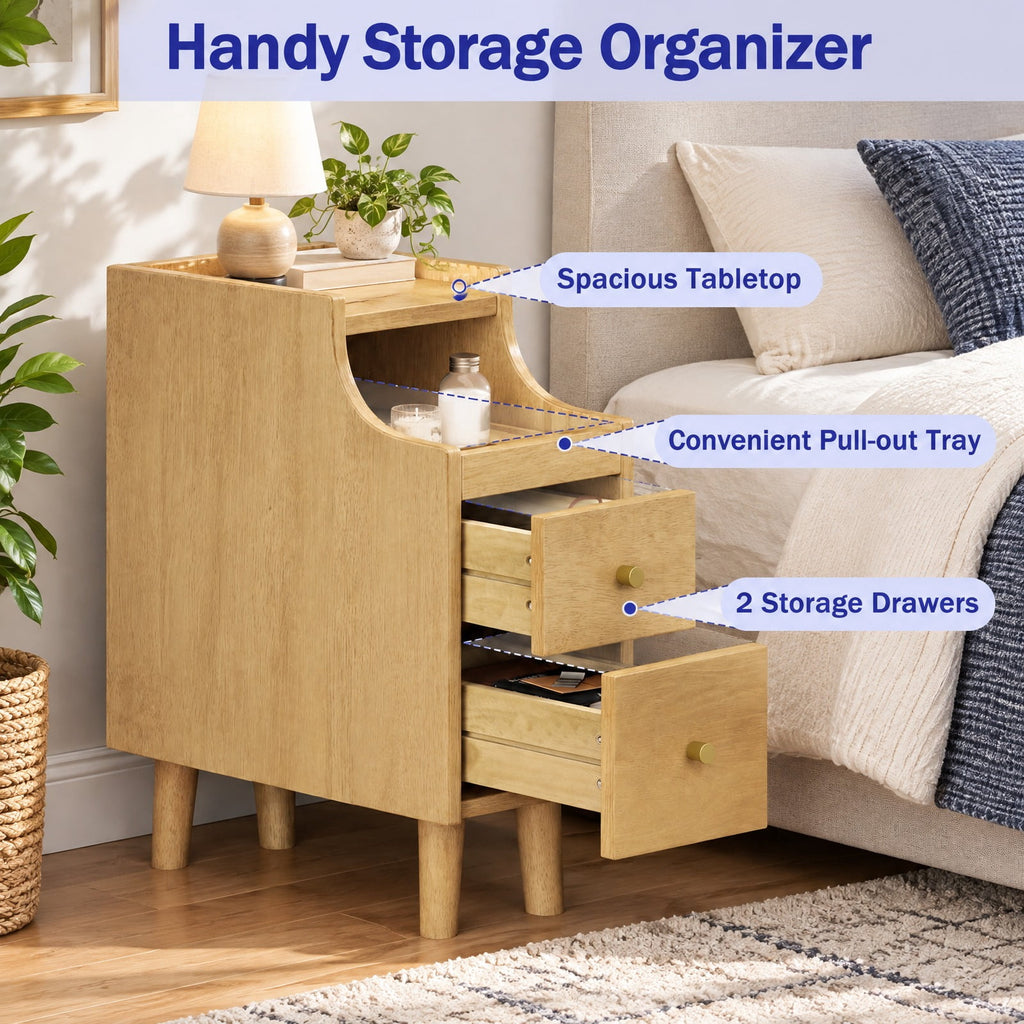 Airfind Solid Wood Night Side Table Narrow Bedside Table Nightstand with Pull-out Tray and 2 Storage Drawers, 55 lbs Capacity, Natural