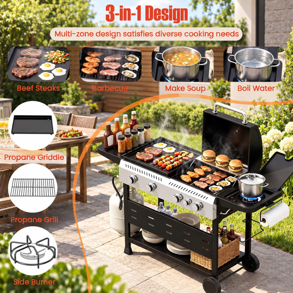 Airfind 5-Burner Propane Gas Grill and Griddle Combo with Side Burner, Metal 201 Stainless Steel Cast Iron PP Frame, Black