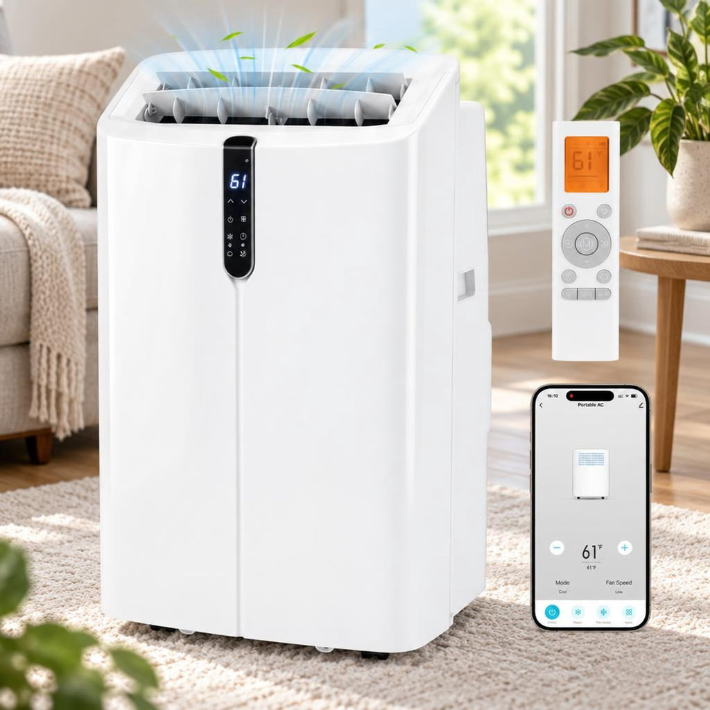 Airfind 14000 BTU Smart Portable AC with APP Voice Control 47 Db for Rooms 750 Sq. Ft, Abs, 17.5 Inch X 14 Inch X 29 Inch Cooling, White