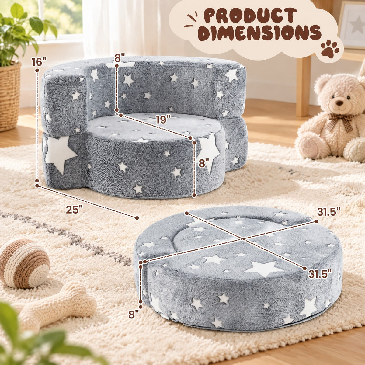Airfind 2-in-1 Convertible Glow in the Dark Kids Sofa with Removable Washable Cover, Flannel Fabric Sponge Frame, for 3+ Years Old, Gray