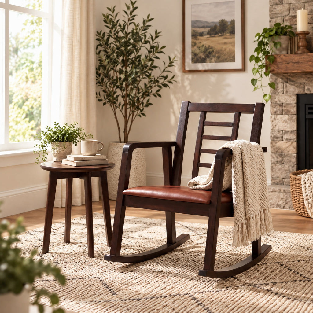 Airfind Wooden Rocking Chair with Upholstered Seat and Ladder Back for Living Room, 400 lbs Capacity, Rubber Wood Faux Leather/Fabric Sponge Frame