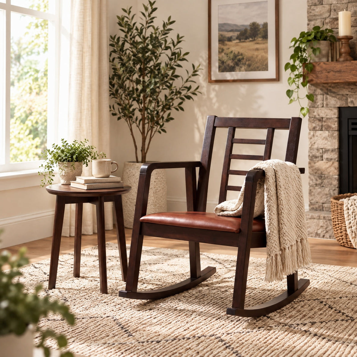 Airfind Wooden Rocking Chair with Upholstered Seat and Ladder Back for Living Room, 400 lbs Capacity, Rubber Wood Faux Leather/Fabric Sponge Frame