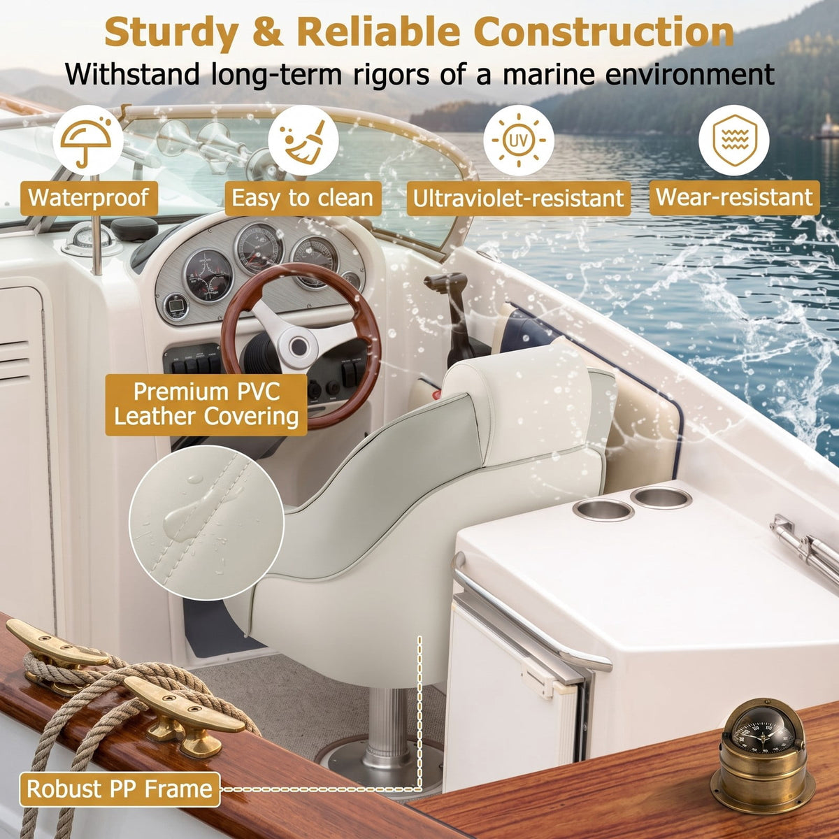 Airfind Captain Bucket Boat Seat with Padded Headrest and Wrap Around Support for Cabin and Sightseeing Boats, White and Gray
