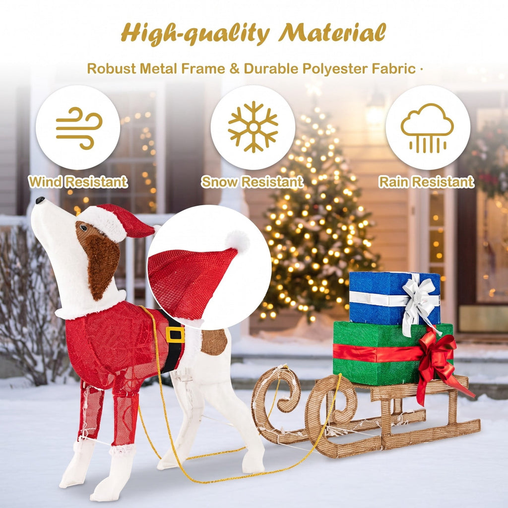 Airfind Outdoor Pre-lit Xmas Dog and Sleigh with 170 Warm Bright Lights for Porch, Fabric Metal