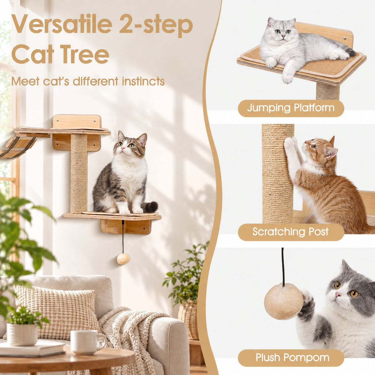 Airfind Cat Wall Furniture Set Kitten Wall Mounted Shelves with Hammock, 22 lbs Capacity, Natural, Size of the Hammock 13 Inch x 12.5 Inch x 19 Inch
