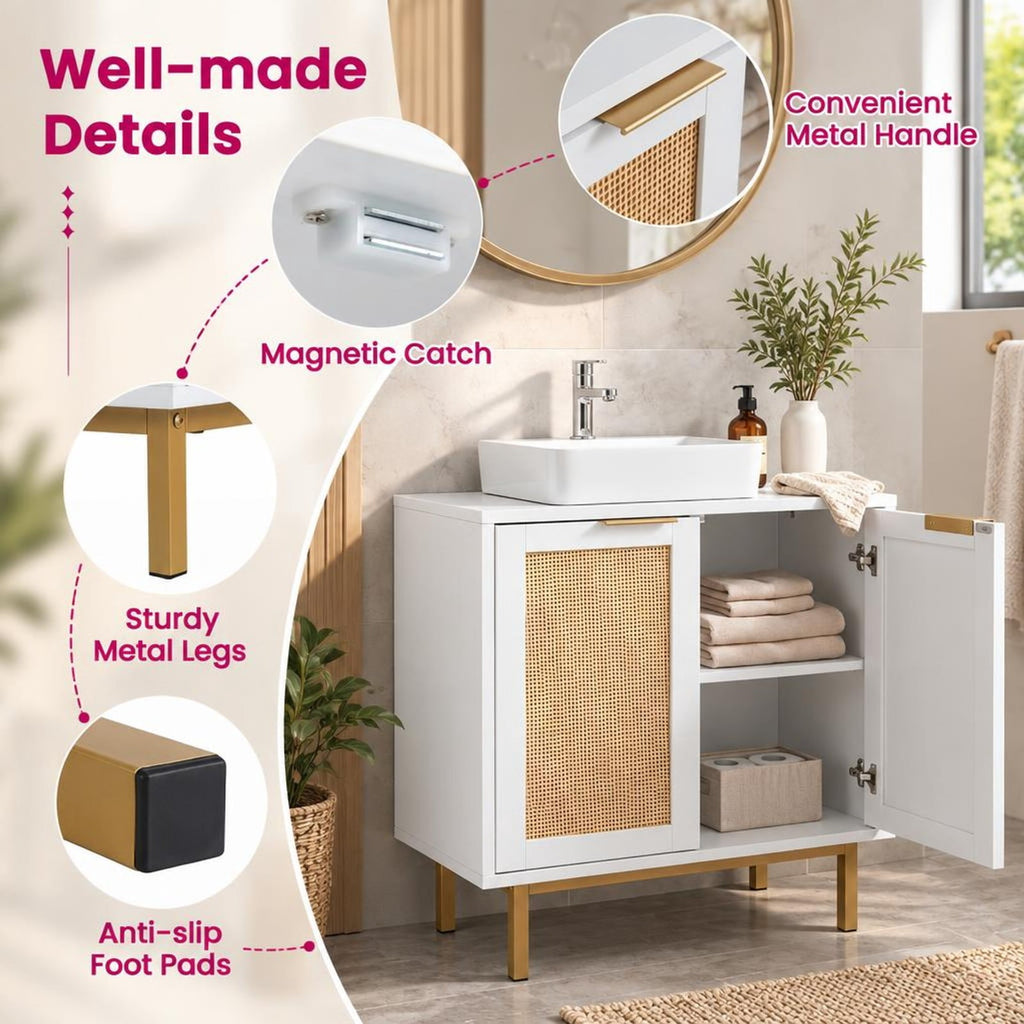 Airfind Bathroom Vanity Cabinet with U-Shaped Cut-Out 2 Rattan Doors and Shelf, 66 Lbs Capacity, Engineered Wood Metal Rattan, White