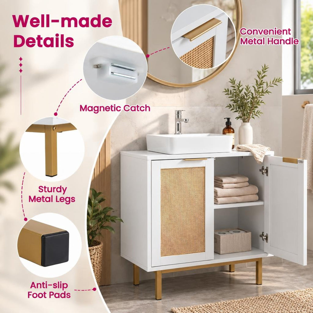 Airfind Bathroom Vanity Cabinet with U-Shaped Cut-Out 2 Rattan Doors and Shelf, 66 Lbs Capacity, Engineered Wood Metal Rattan, White