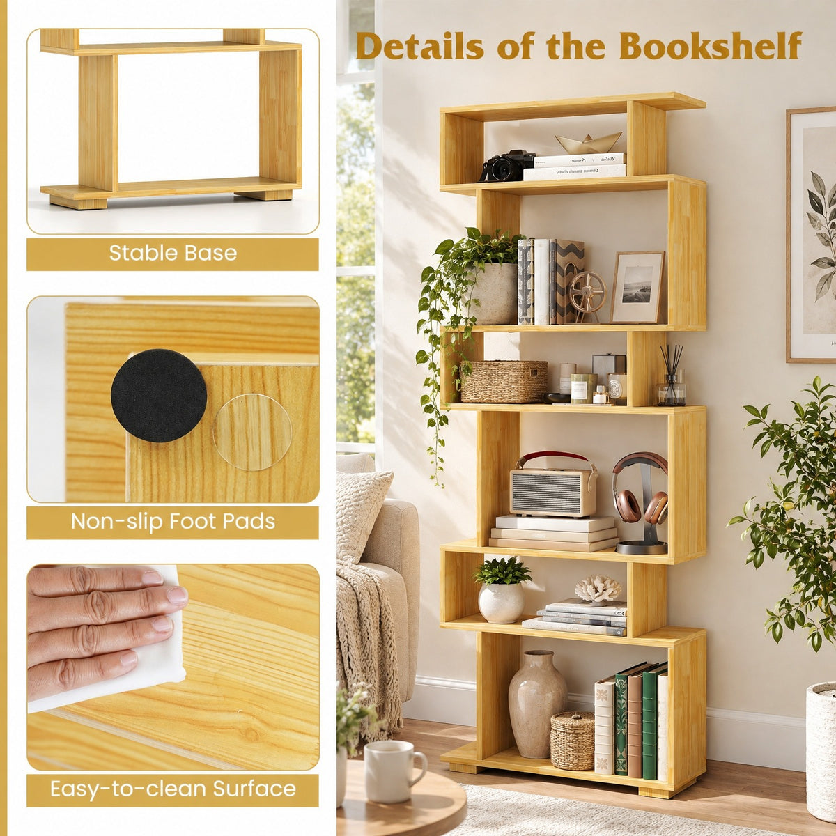 Airfind 6-Tier Geometric Bookshelf with 2 Anti-Tipping Kits for Home Office, 11 lbs Capacity, Engineered Wood Frame, 24 x 8 x 64 Footprint, Wood