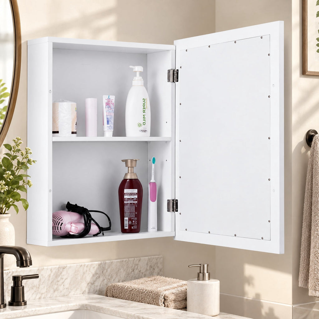 Airfind Wall Mounted Adjustable Medicine Storage Mirror Cabinet, MDF glass Frame, 20 Inch x 6 Inch x 26 Inch Footprint, White