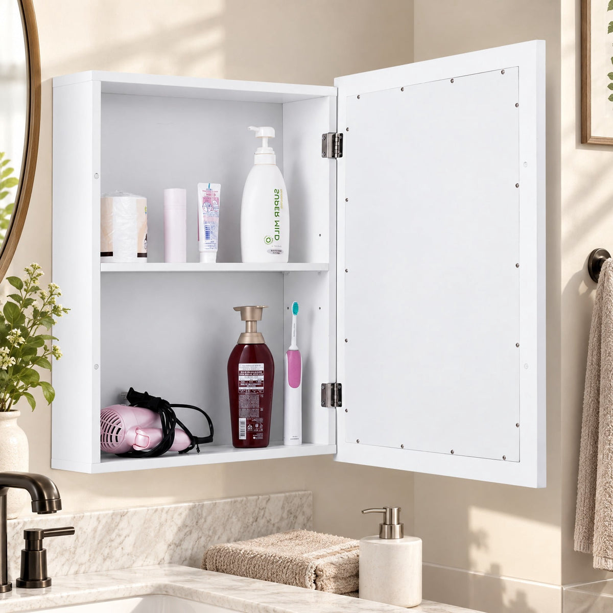 Airfind Wall Mounted Adjustable Medicine Storage Mirror Cabinet, MDF glass Frame, 20 Inch x 6 Inch x 26 Inch Footprint, White