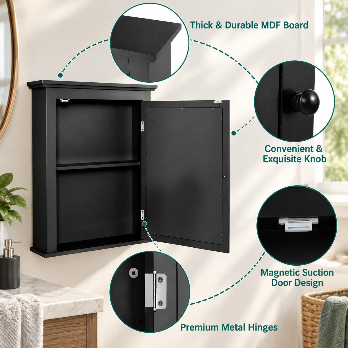 Airfind Wall Mounted Bathroom Mirror Cabinet with 5-level Height-adjustable Shelf, 11 lbs Capacity, MDF and glass Frame, 22 x 6 x 27.5 Footprint