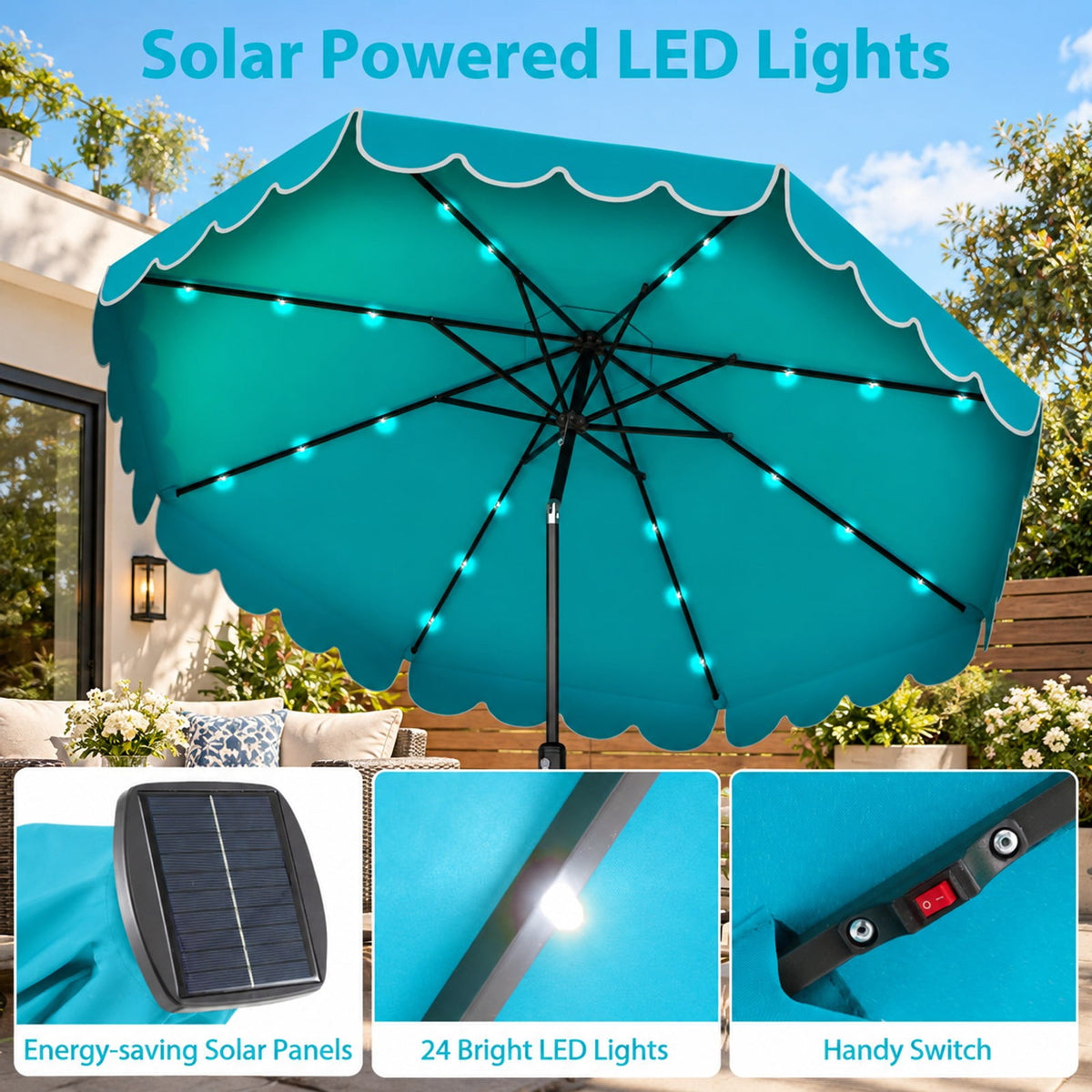Airfind 10 Feet Solar Patio Umbrella with 24 LED Lights, Polyester Fabric Metal Frame, 10 x 8.3 ft Umbrella Rim Height 6.9 ft Footprint, Turquoise