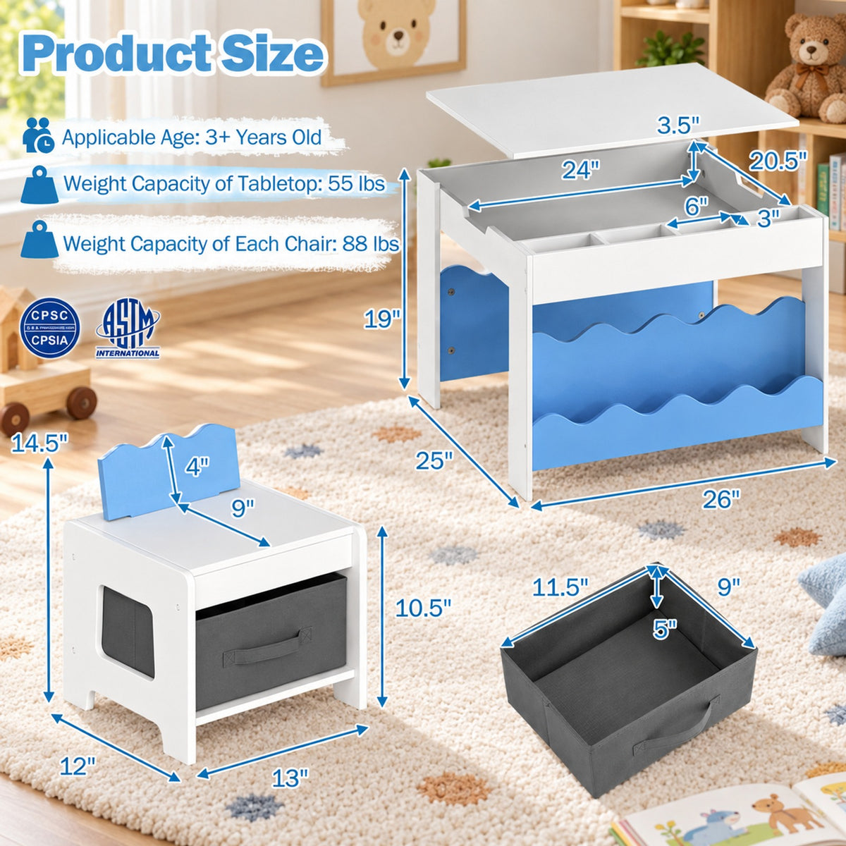 Airfind Multi-purpose Activity Kids Table and Chairs Set with Double-sided Tabletop, 55 lbs Capacity, MDF Frame, 26 Inch x 25 Inch x 19 Inch Footprint, Blue