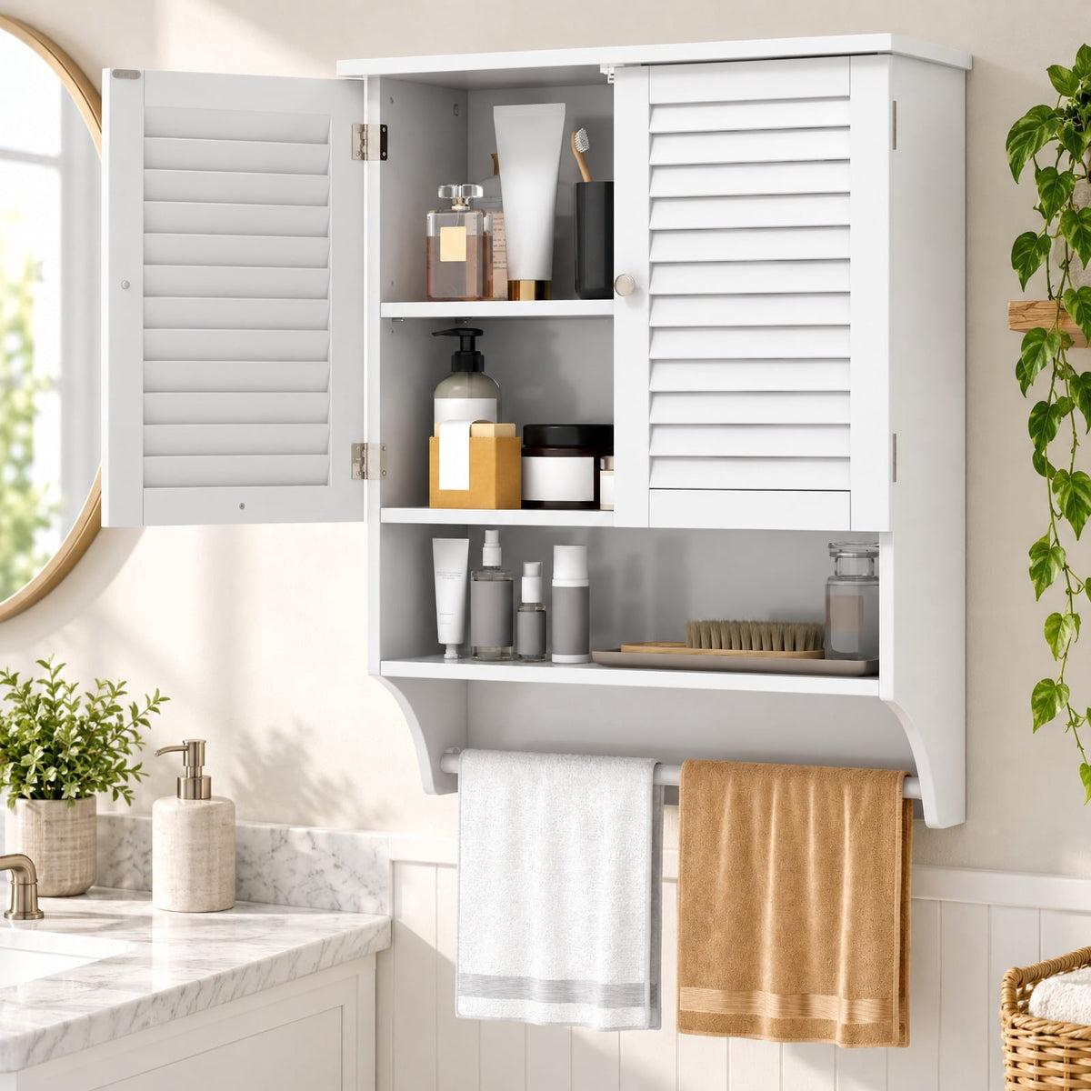Airfind 2-Doors Bathroom Wall-Mounted Medicine Cabinet with Towel Bar, White, Bottom towel rod for extra storage choice
