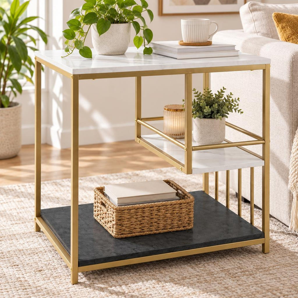 Airfind 2 Tier End Side Table with Metal and Storage Shelf for Living Room, 66 Lbs Capacity, Metal Mdf, 24 Inch X 18 Inch X 22 Inch, White