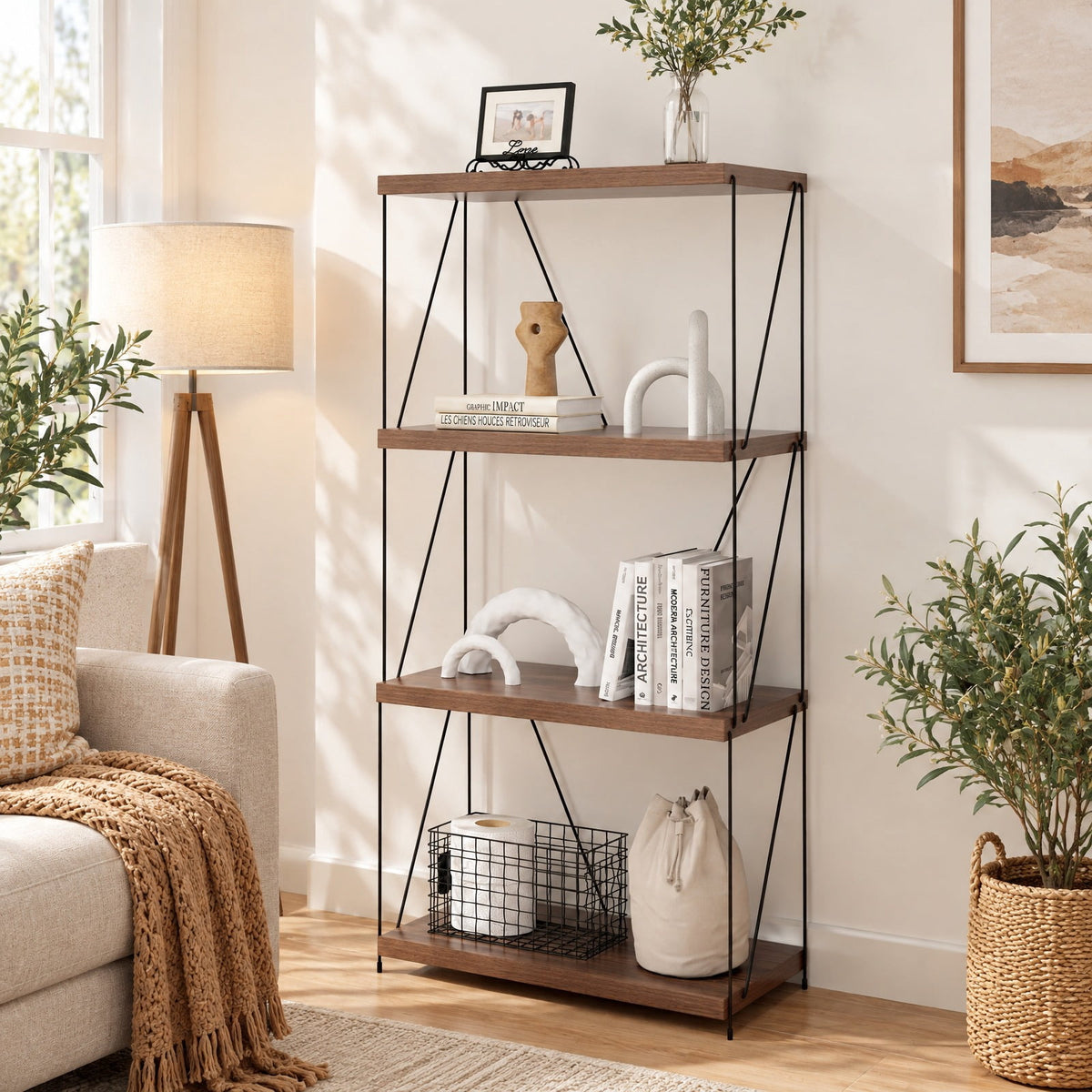 Airfind 4-Tier Multipurpose Display Rack with Metal Frame, Industrial Bookshelf with Anti-Tipping Kit, MDF Shelves, 24 x 11.5 x 41.5, Walnut