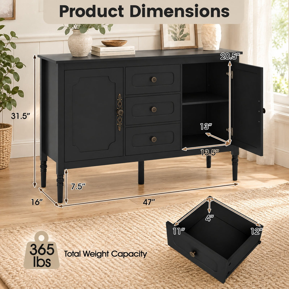 Airfind 47 Inch Vintage Buffet Cabinet with 3 Drawers 2 Cabinets and Adjustable Shelves for Dining Room, 110 Lbs Capacity, 47 Inch X 15.5 Inch X 31.5 Inch, Black