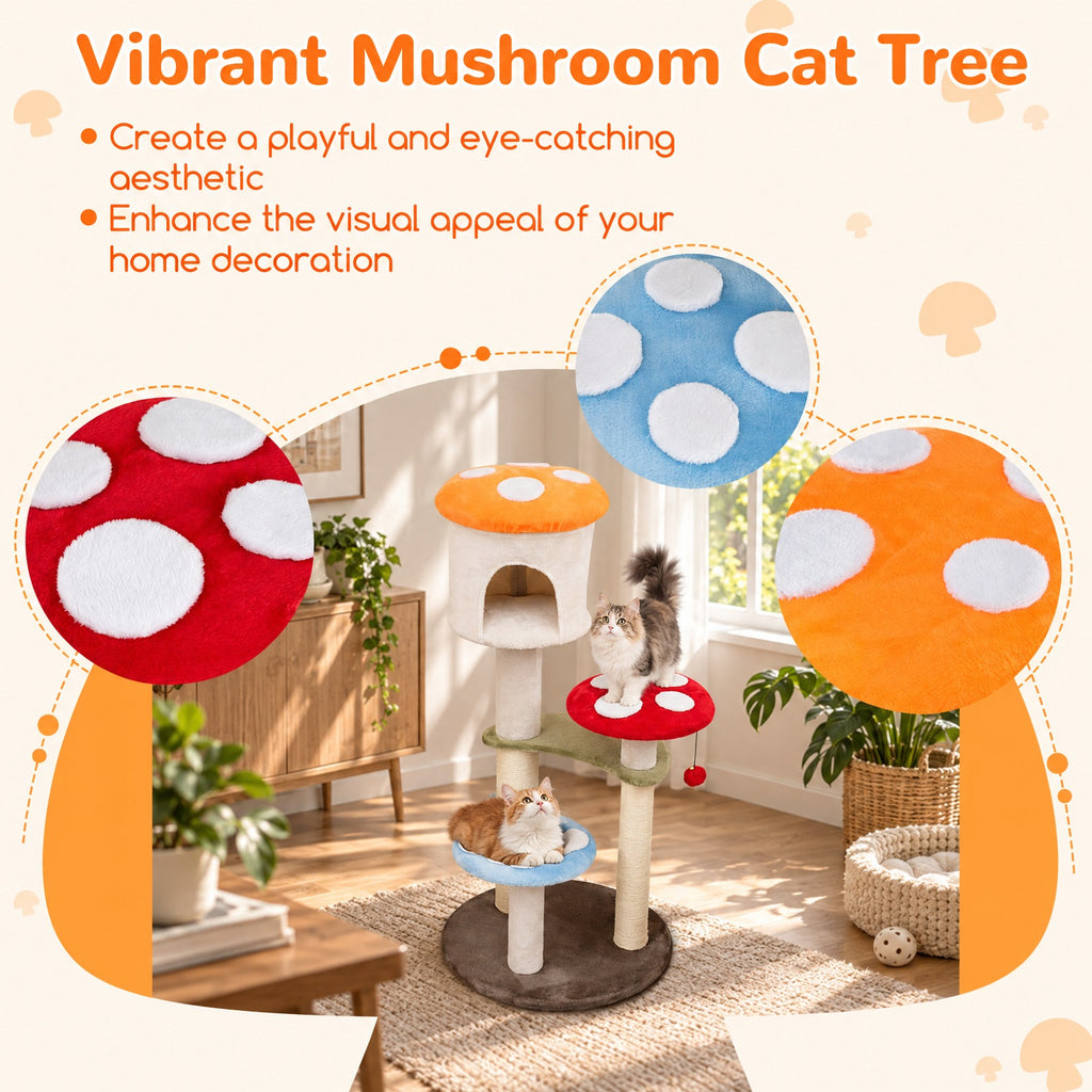 Airfind Cute Mushroom Cat Tree with Sisal Scratching Posts Top Condo and Padded Platforms, 22 lbs Capacity, 23 x 48 Footprint, Colorful