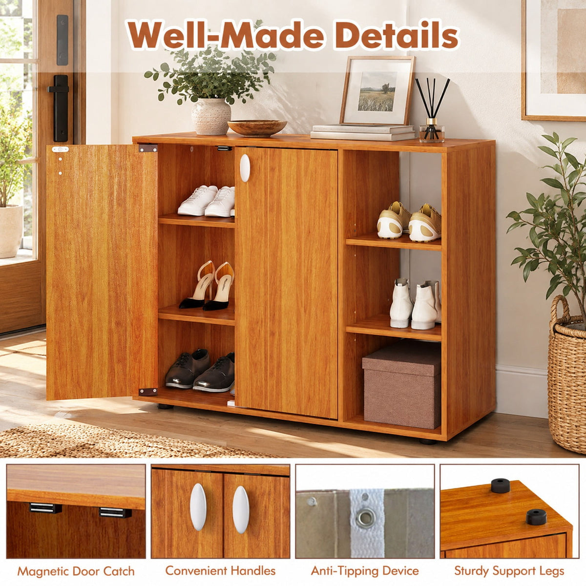 Airfind 3-Tier Shoe Cabinet with Doors with Adjustable Open Shelves for Entryway, 90 lbs Capacity, MDF Engineered Wood Frame, Natural