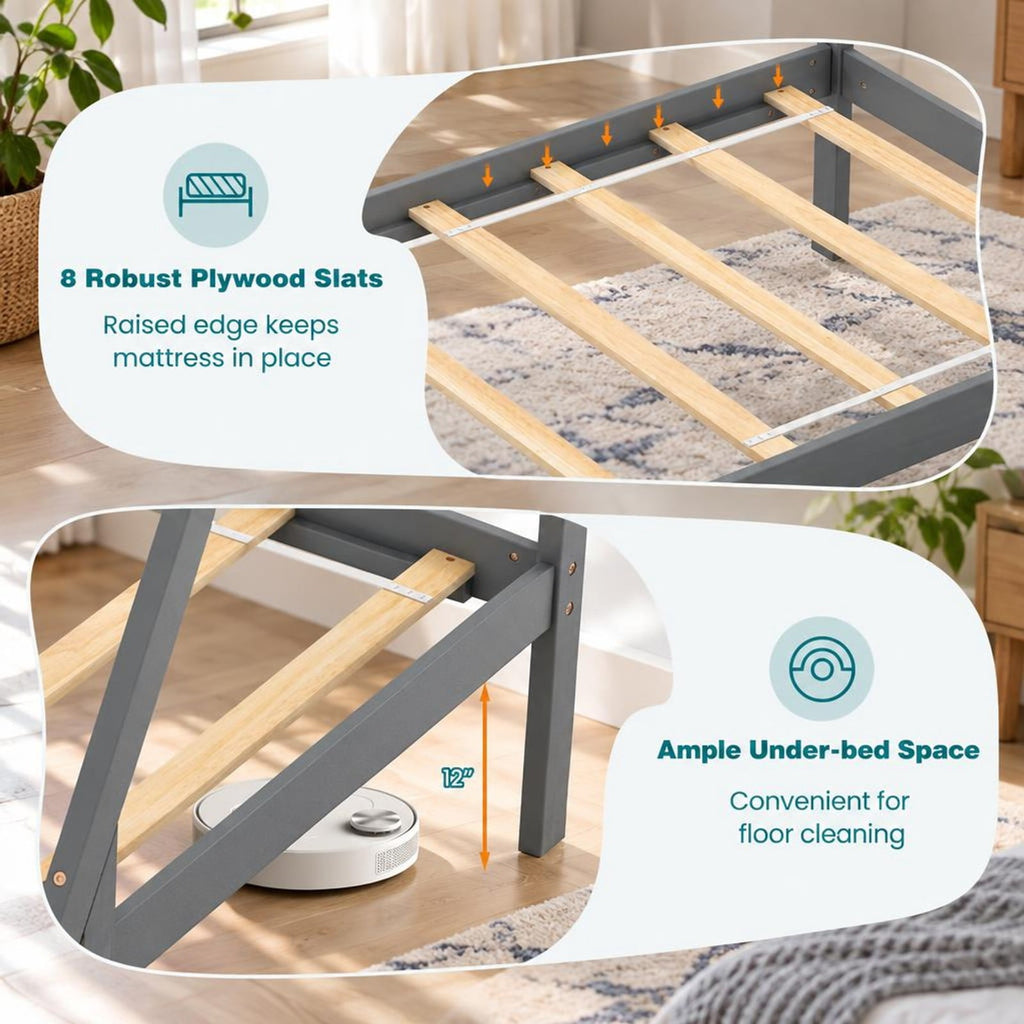 Airfind Twin Size Wooden Tent Platform House Bed with 2 Drawers, 200 lbs Capacity, Solid Wood Plywood Frame, 78 Inch x 46.5 Inch x 59 Inch Footprint, Gray