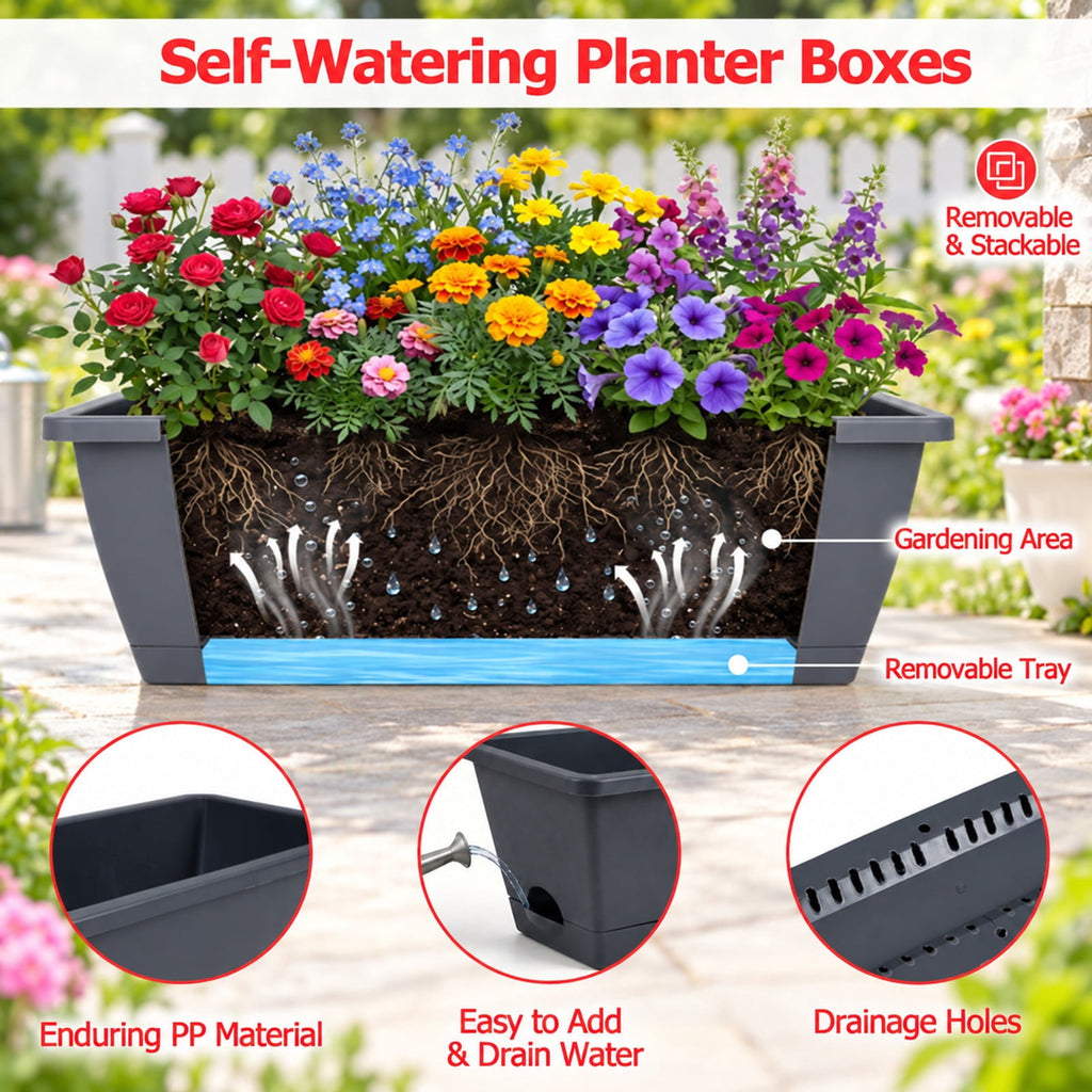 Airfind Deck Railing Planter Boxes with Adjustable Brackets and 3-Tier Design for Porch Patio, Black, Side holes make it easy to add and drain water