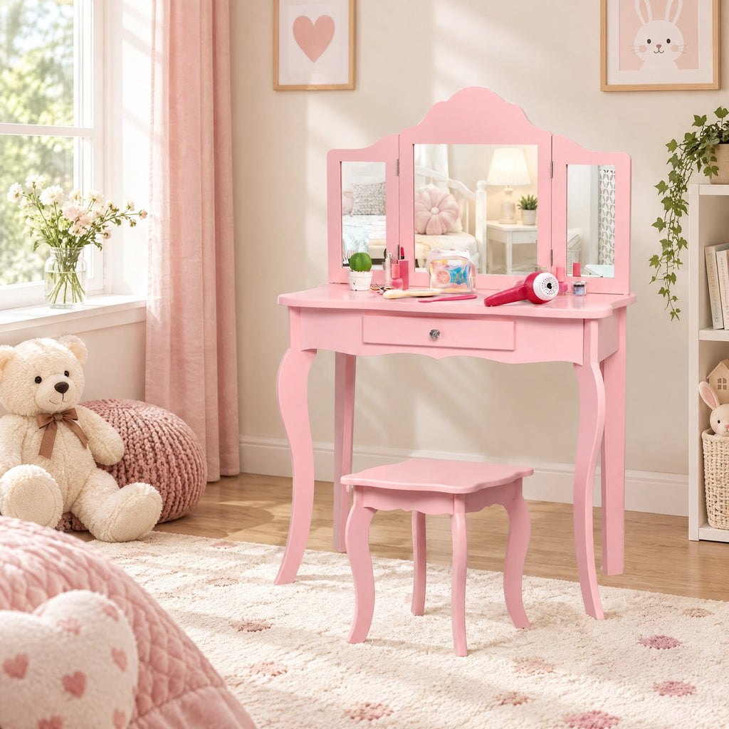 Airfind Kids Makeup Dressing Mirror Vanity Table Stool Set, 33 lbs Capacity, MDF Frame, 27.5 x 13.5 x 41 Footprint, Pink