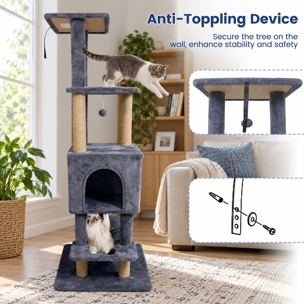Airfind 64 Inch Tall Cat Tree with 2 Large Condos and Jute Scratching Posts for Indoor Adult Cats, 33 lbs Capacity, Dark Grey