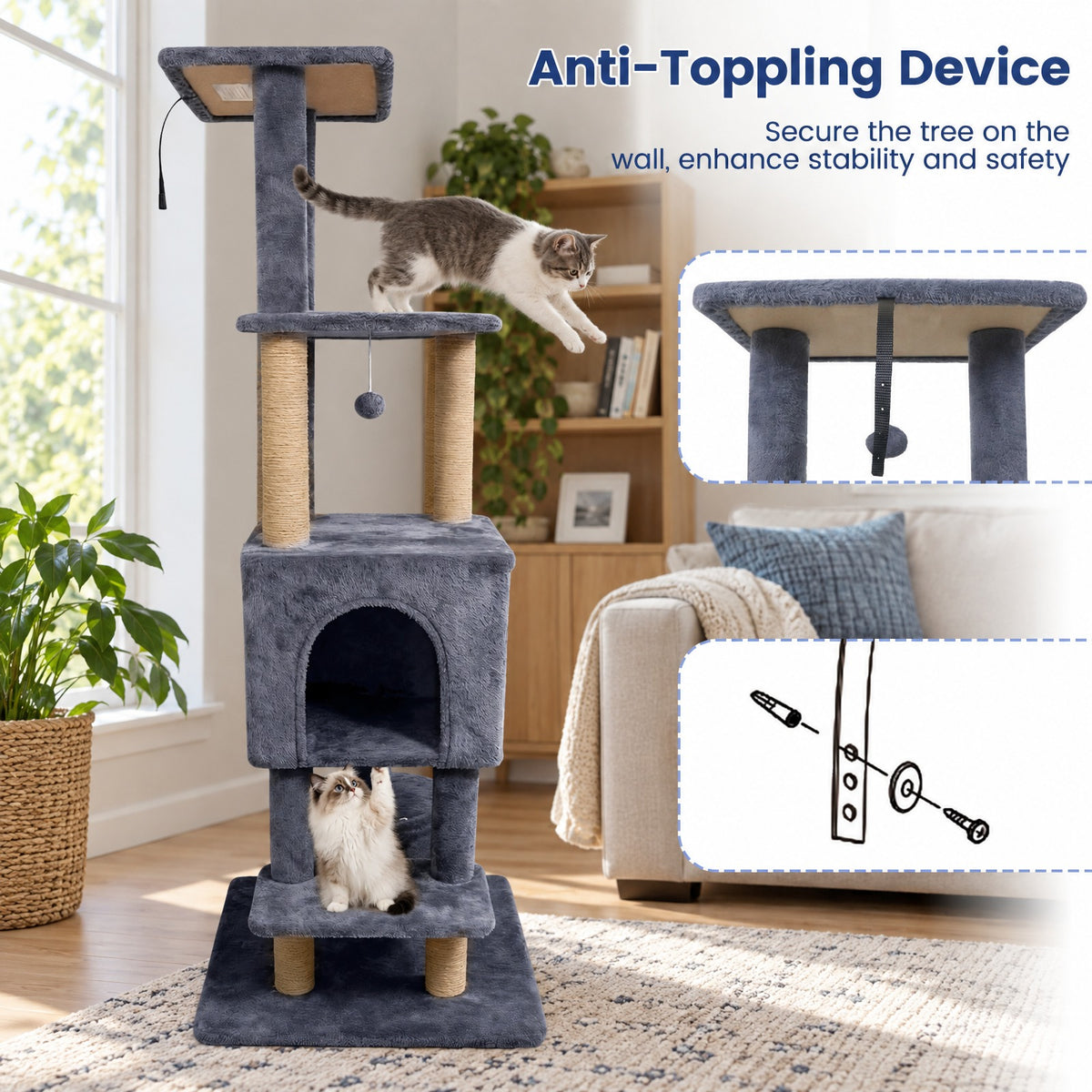 Airfind 64 Inch Tall Cat Tree with 2 Large Condos and Jute Scratching Posts for Indoor Adult Cats, 33 lbs Capacity, Dark Grey
