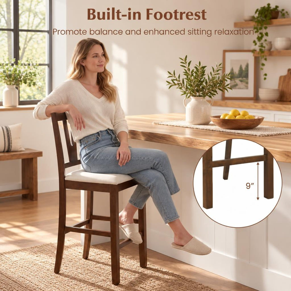 Airfind Counter Height Bar Stools with Contoured V-back-set of 2, Stool 330 lbs Capacity, Rubber Wood Faux Linen Fabric Sponge Frame, Unspecified