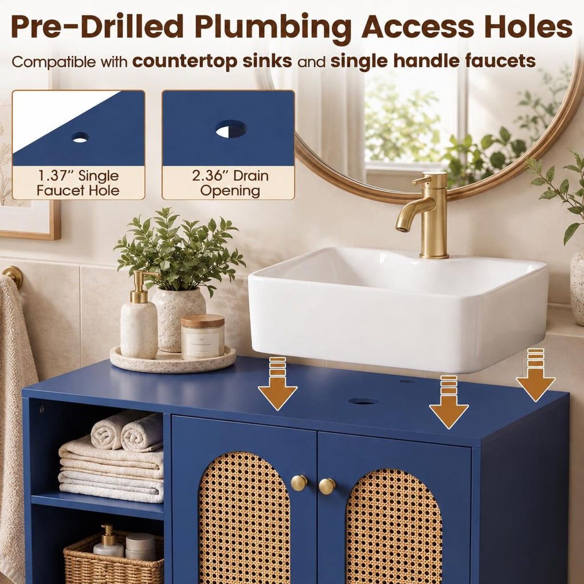 Airfind 36 Inch Under Sink Cabinet Boho for Vessel Sinks and Single-Handle Faucets, 265 lbs Capacity, MDF Rubber Wood PE Rattan Metal Frame, Navy
