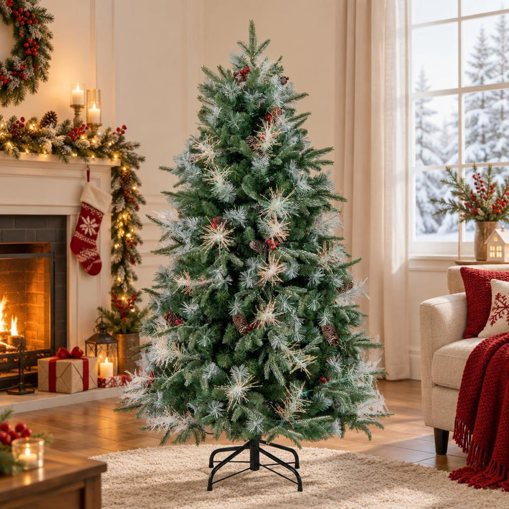Airfind 6 Feet Pre-Lit Artificial Christmas Tree with 8 Modes LED Lights with Berries, PVC PE PET Metal 5 Feet Frame, 3 x 5 ft Footprint, Green