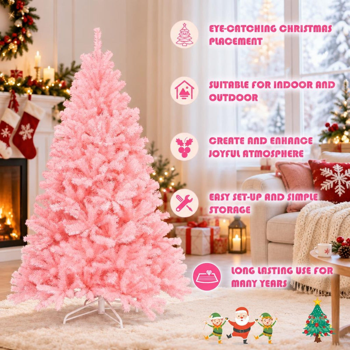 Airfind 6 Feet Pink Artificial Hinged Spruce Full Christmas Tree with Foldable Metal Stand, New PVC Frame, Pink