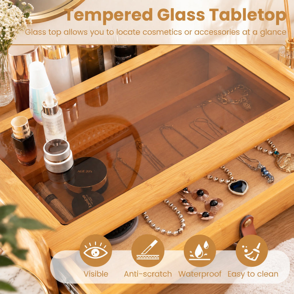Airfind Bamboo Makeup Vanity Table with Mirror with 2 Storage Drawers, 22 lbs Capacity, Bamboo Glass Stainless Steel Frame, Natural