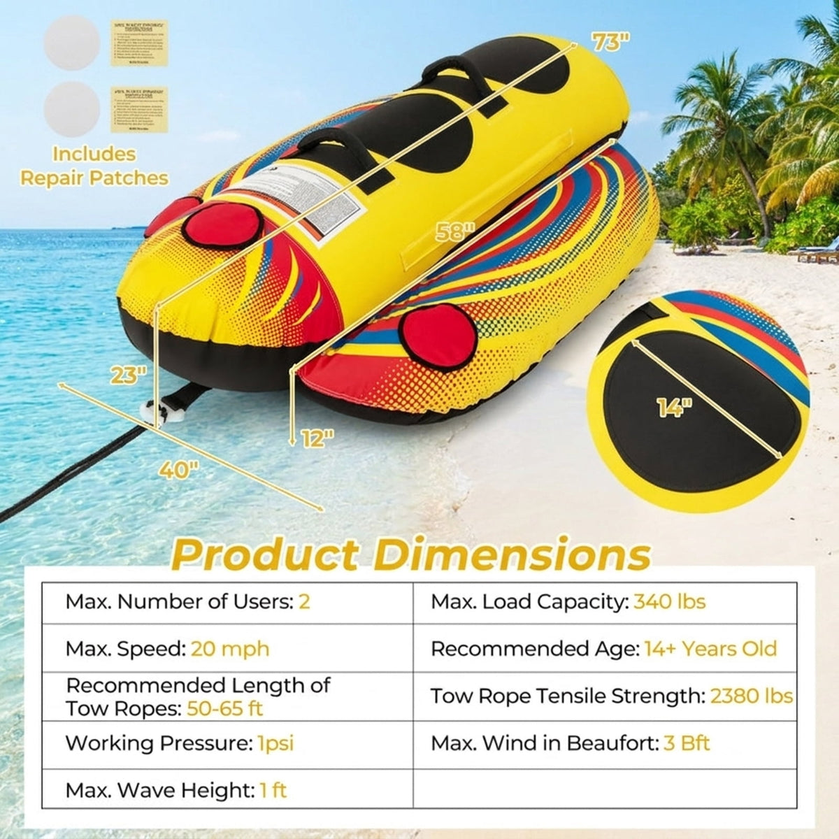 Airfind 3-Rider Inflatable Banana Tow Boat with Cushioned Seats, Yellow