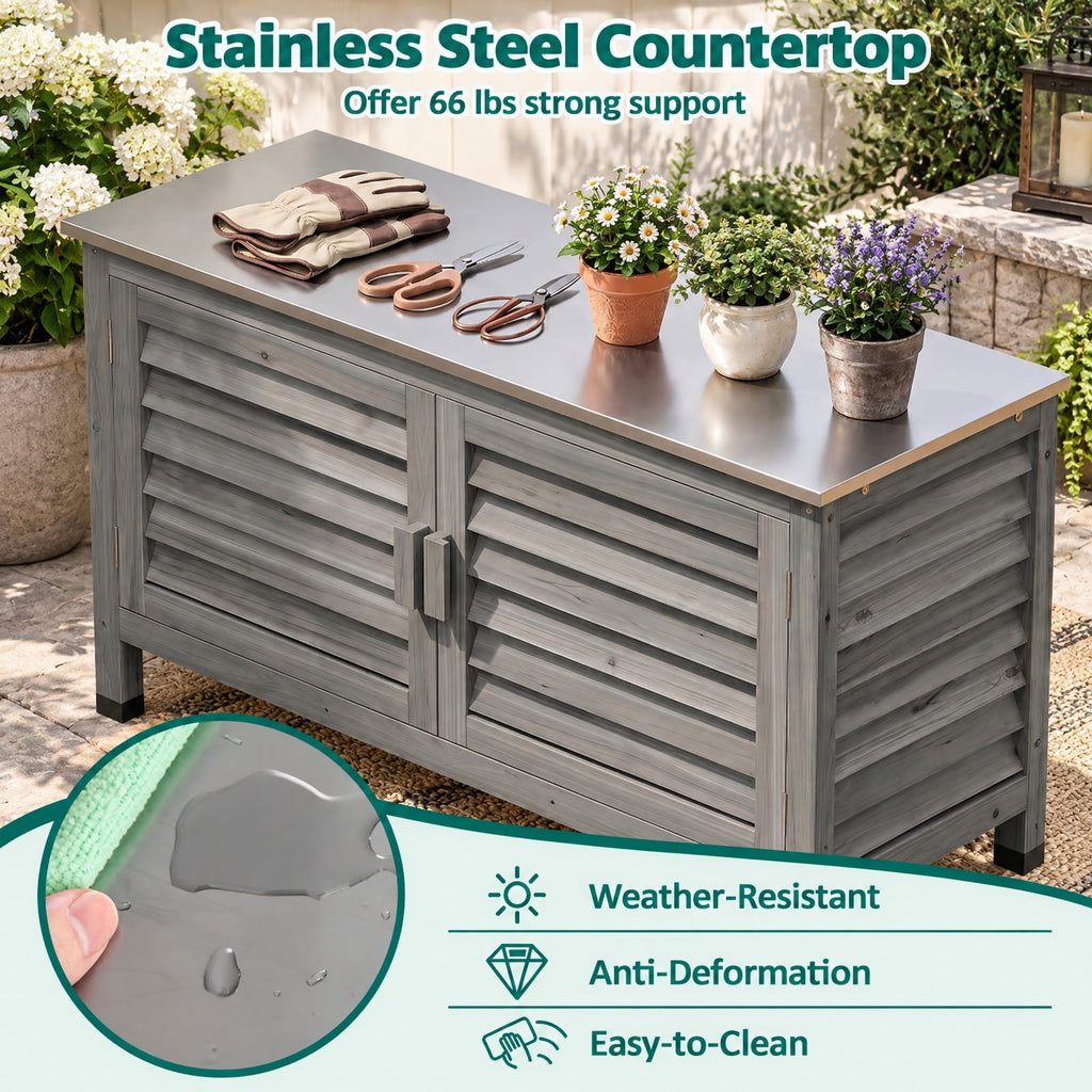 Airfind Patio Storage Cabinet with Stainless Steel Countertop and L-Shaped Shelf for Garden, 66 lbs Capacity, Fir Wood Stainless Steel Rubber Frame