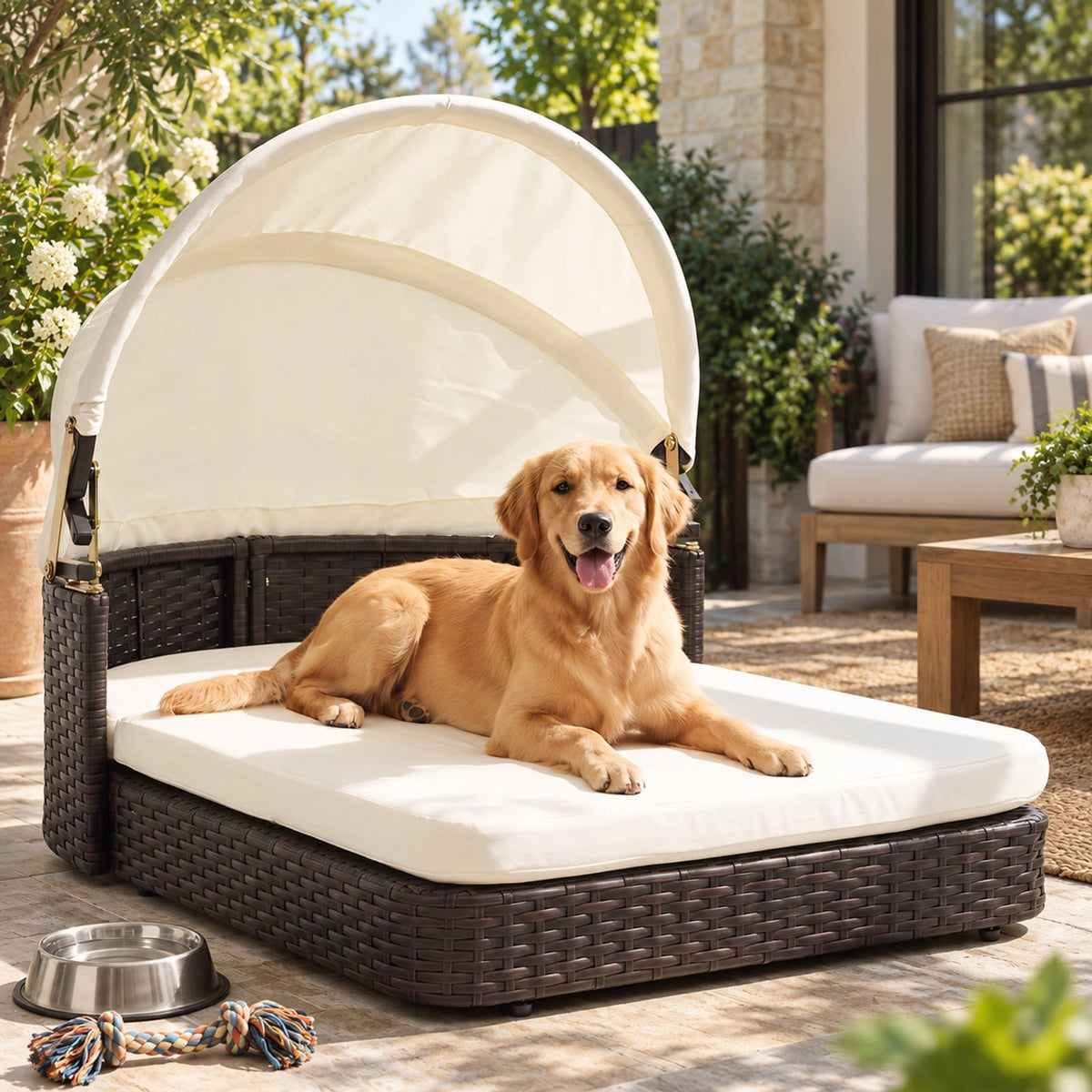 Airfind Handwoven Rattan Pet Daybed with 2 Detachable Soft Cushions for Small and Medium Dogs, 165 Lbs Capacity, PE Rattan Polyester Steel, White