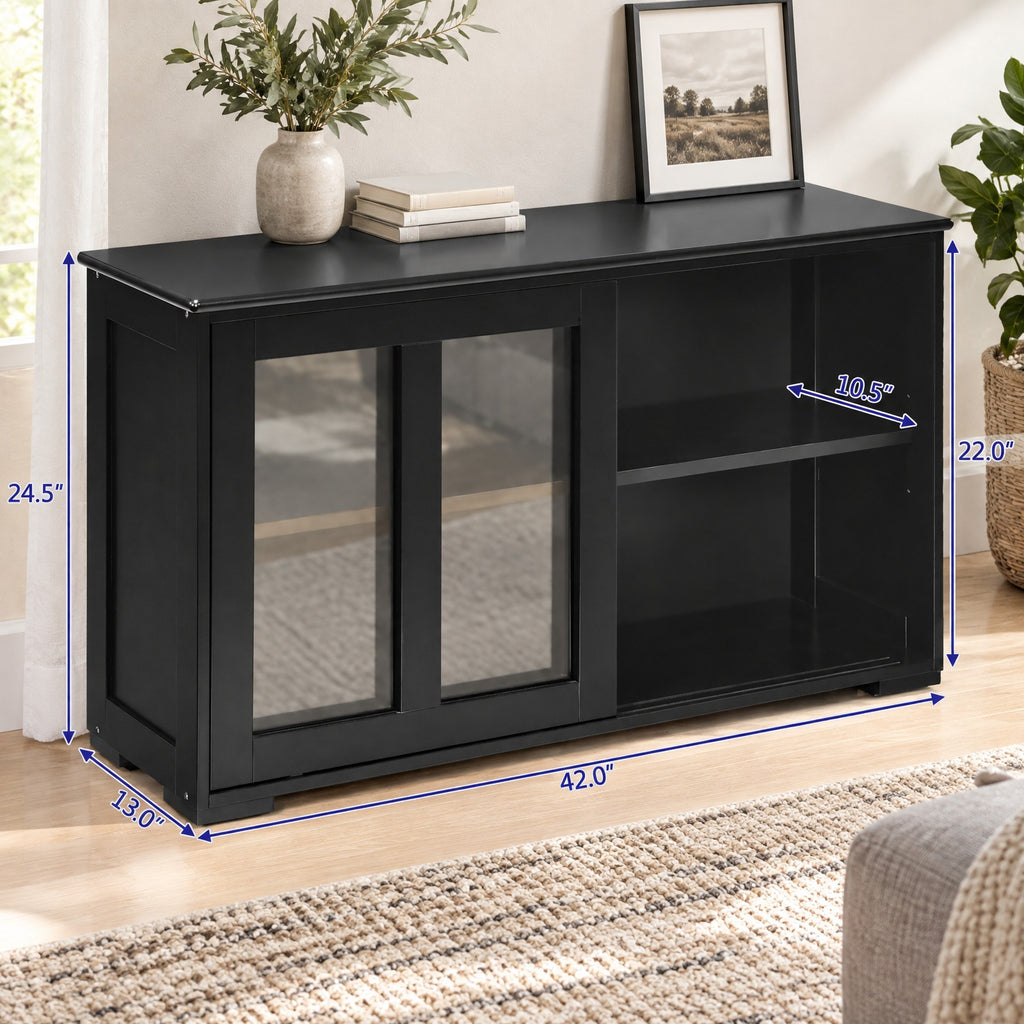 Airfind Kitchen Storage Cabinet with Glass Sliding Door, MDF transparent tempered glass Frame, 42in x 13.0in x 24.5in Footprint, Black