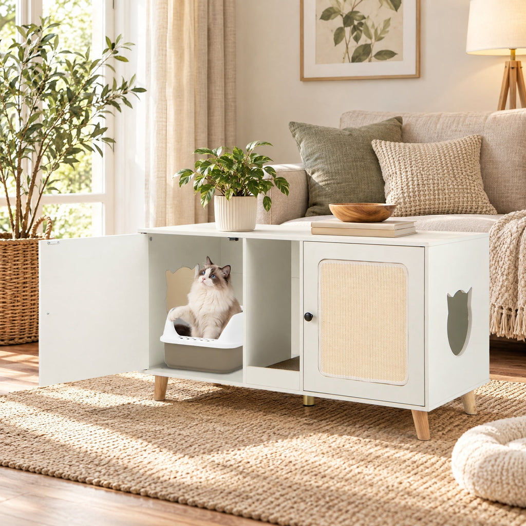 Airfind 43 Inches Cat Litter Box Enclosure with Double Rooms and 2 Sisal Scratching Mats, Engineered Board Frame, 43 x 20 x 24 Footprint, White