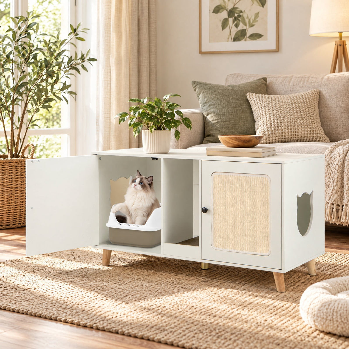 Airfind 43 Inches Cat Litter Box Enclosure with Double Rooms and 2 Sisal Scratching Mats, Engineered Board Frame, 43 x 20 x 24 Footprint, White